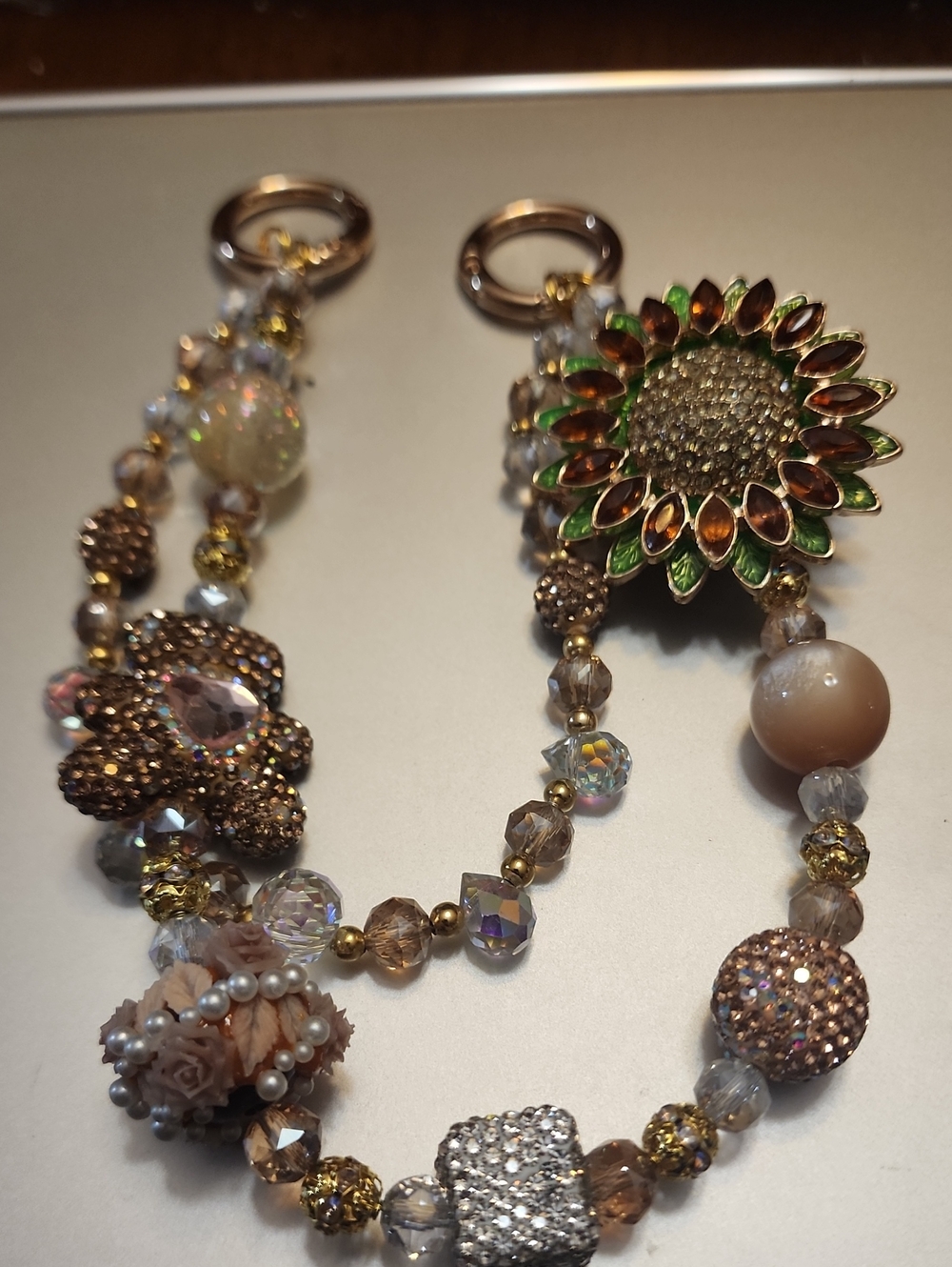 Crystal Sunflower and Bead Statement Phone Charm in Gold and Brown